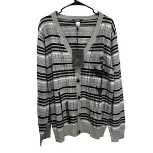 Artful Dodger Conspire Cardigan Sweater XXL Wool Mens Black Gray Stripes Graphic